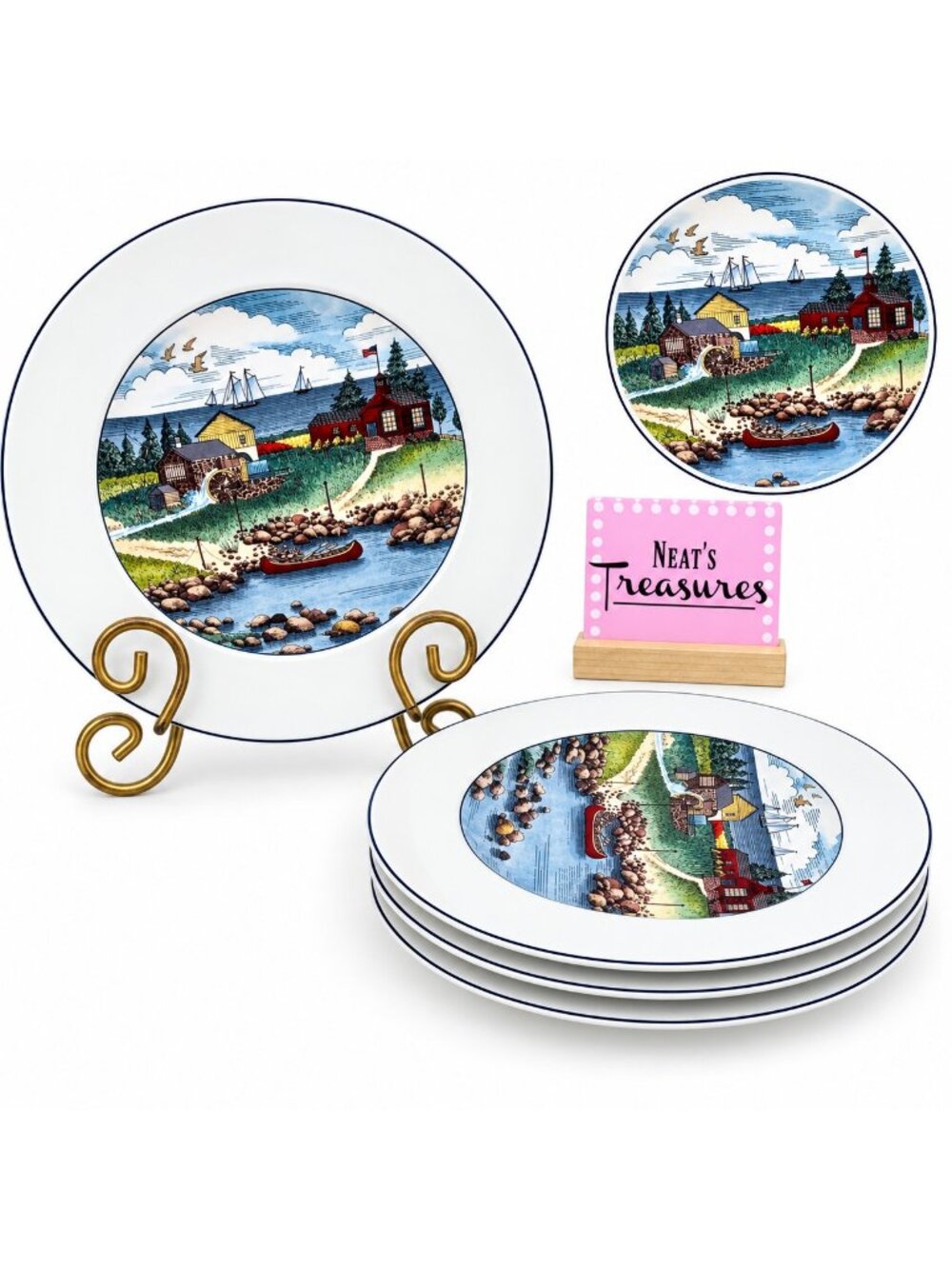 Epoch PIONEER BAY Houses Barns Ships Birds Water Ceramic Salad Plates Set of 4